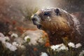 a close up of a groundhog in a field of flowers