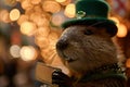 A close up of a groundhog wearing green hat and holding something, AI