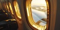 Close-up of a group of airplane windows against a sky of clouds. Airplane cabin. Generative AI Royalty Free Stock Photo