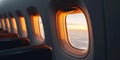 Close-up of a group of airplane windows against a sky of clouds. Airplane cabin. Generative AI Royalty Free Stock Photo