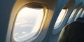 Close-up of a group of airplane windows against a sky of clouds. Airplane cabin. Generative AI Royalty Free Stock Photo