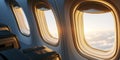 Close-up of a group of airplane windows against a sky of clouds. Airplane cabin. Generative AI Royalty Free Stock Photo