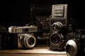 Close-up of a group of antique film cameras