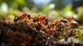 A close-up of a group of ants on a piece of wood. Generated by AI. Royalty Free Stock Photo