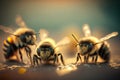 Close-up of a group of bees on a blurred background.