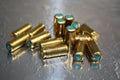 Close up group of blind bullet munition on silver shiny surface desk Royalty Free Stock Photo