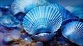 A close up of a group of blue shells and sand, AI Royalty Free Stock Photo