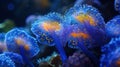 A close up of a group of blue and yellow jellyfish, AI