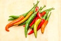 Closeup of group chili pepper on wooden background