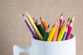 Close-up A group of color pencils in a white cup Royalty Free Stock Photo
