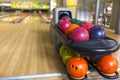 Close-up a group of colored bowling balls in the club Royalty Free Stock Photo