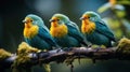 Close up of a group of colorful birds perched on a branch. Generative AI