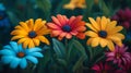 A close up of a group of colorful flowers with green leaves, AI