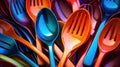 A close up of a group of colorful plastic spoons, AI Royalty Free Stock Photo