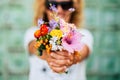 Close up of group of coloured flowers like natural easy nice bouquet - wedding and celebration concept for women`s day - defocuse