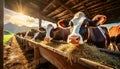 Group of Cows Feed in an Old Wooden Stable - Generative Ai