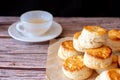 Close up group of fresh yummy tasty delicious Traditional British Scones and a cup of tea