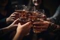 Close up of group of friends clinking glasses with beer at party, Group of peoples holding Beer on glass, AI Generated