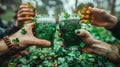 Close-up group of friends hands holding glasses of green beer with clover leaves Royalty Free Stock Photo