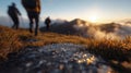 close-up of a group of hikers walking on a dramatic mountain Royalty Free Stock Photo