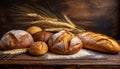 Loaves of Bread and Wheat Ears on a Wooden Table with Copy Space - Generative Ai