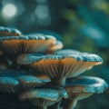 A close up of a group of mushrooms growing on the ground, AI