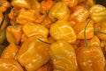 Close up of a group of orange habanero peppers