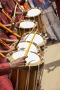 Close up of Group of People hands performing Indian art form Chenda or chande a cylindrical percussion playing during Royalty Free Stock Photo