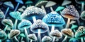 Close-up of a group of poisonous luminescent spotted blue mushrooms. Magic pattern or background
