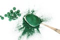 Close up group of a spirulina powder , a superfood and detox healthy nutrition