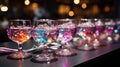 Close-up of group of stylish coloured cocktails with ice and lemon on the bar counter. Generative AI