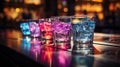 Close-up of group of stylish coloured cocktails with ice and lemon on the bar counter. Generative AI