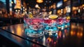 Close-up of group of stylish coloured cocktails with ice and lemon on the bar counter. Generative AI