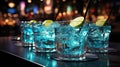 Close-up of group of stylish coloured turquoise cocktails with ice and lemon on the bar counter. Generative AI