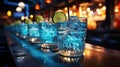 Close-up of group of stylish coloured turquoise cocktails with ice and lemon on the bar counter. Generative AI