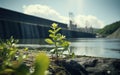 Close-up of a growing green plant with a hydroelectric power dam and a water reservoir. Alternative, clean and renewable energy Royalty Free Stock Photo