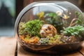 close-up of a guinea pig's terrarium, with colorful plants and natural decorations