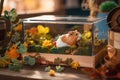 close-up of a guinea pig& x27;s terrarium, with colorful plants and natural decorations