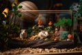 close-up of a guinea pig's terrarium, with colorful plants and natural decorations