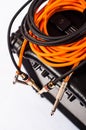 Close-up of guitar amplifier with jack cable Royalty Free Stock Photo