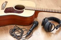 close up of guitar, microphone and headphones Royalty Free Stock Photo