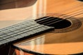 Close-up of guitar strings in sunlight