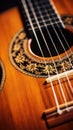 A close up of a guitar with a wooden bridge, AI
