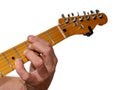 Close-up of a Guitarist Fingering Chords against a White Background