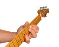 Close-up of a Guitarist Fingering Chords against a White Background