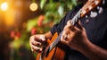 Close-up of guitarists skillful hands playing with blurred background, capturing dedication