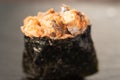 Close up of Gunkan Sushi. Gunkan Maki Sushi with Seafood and Spicy Sauce. Delicious Gunkan Sushi on black background Royalty Free Stock Photo