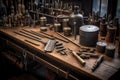 close-up of gunsmith tools on wooden workbench
