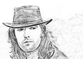 Close-up guy portrait in cowboy hat. Style safari. Fashion illustration.