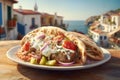 Gyro Greek on a plate, on top of table with a view. Greek food. Generative AI